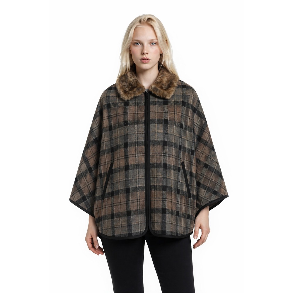 Barbour Cape Winter Tartan Women's Size 6 Medium Grey Black Wool Cashmere Poncho